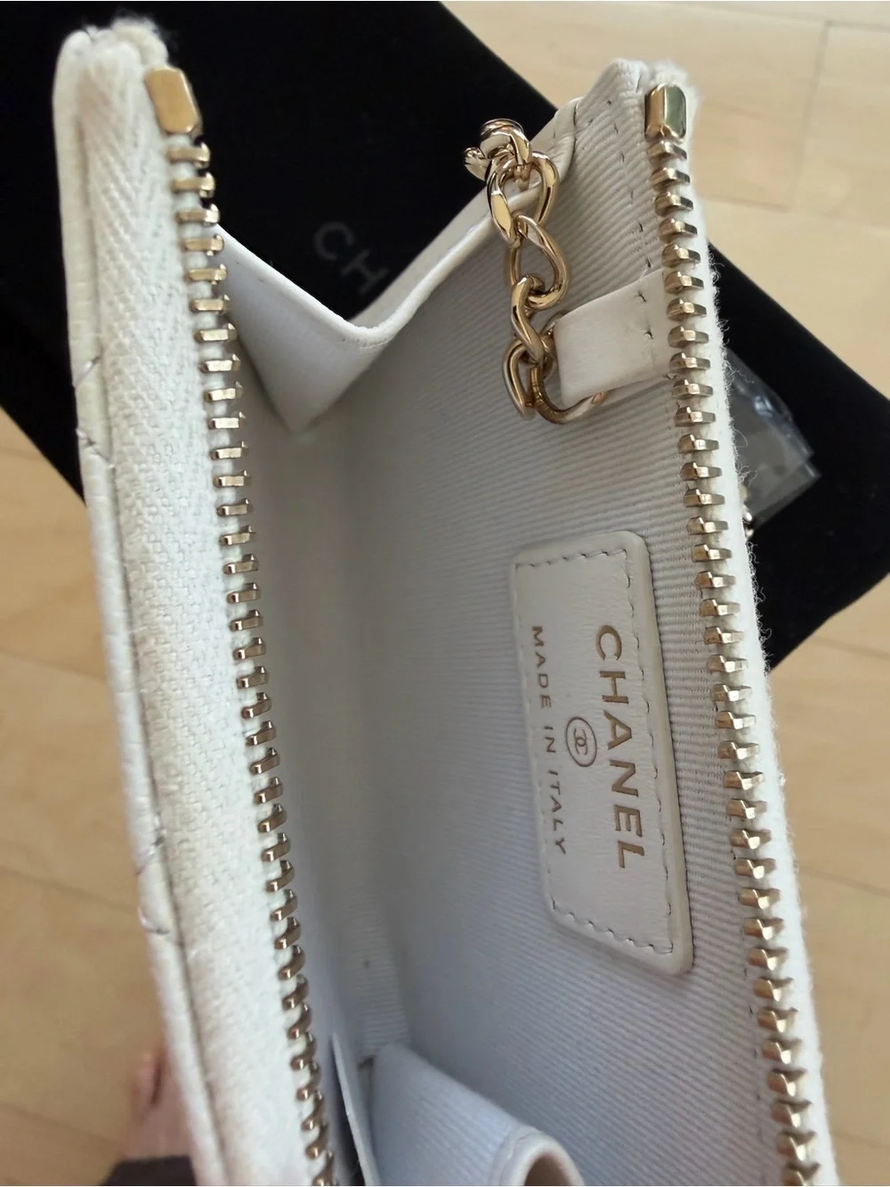 Auth CHANEL Quilted key ring Card Holder with champagne gold + white caviar